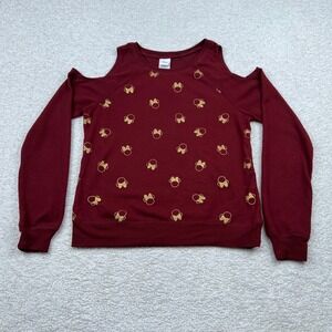 Disney Minnie Mouse Cold Shoulder Sweatshirt Burgundy Gold Glitter Small JT20744
